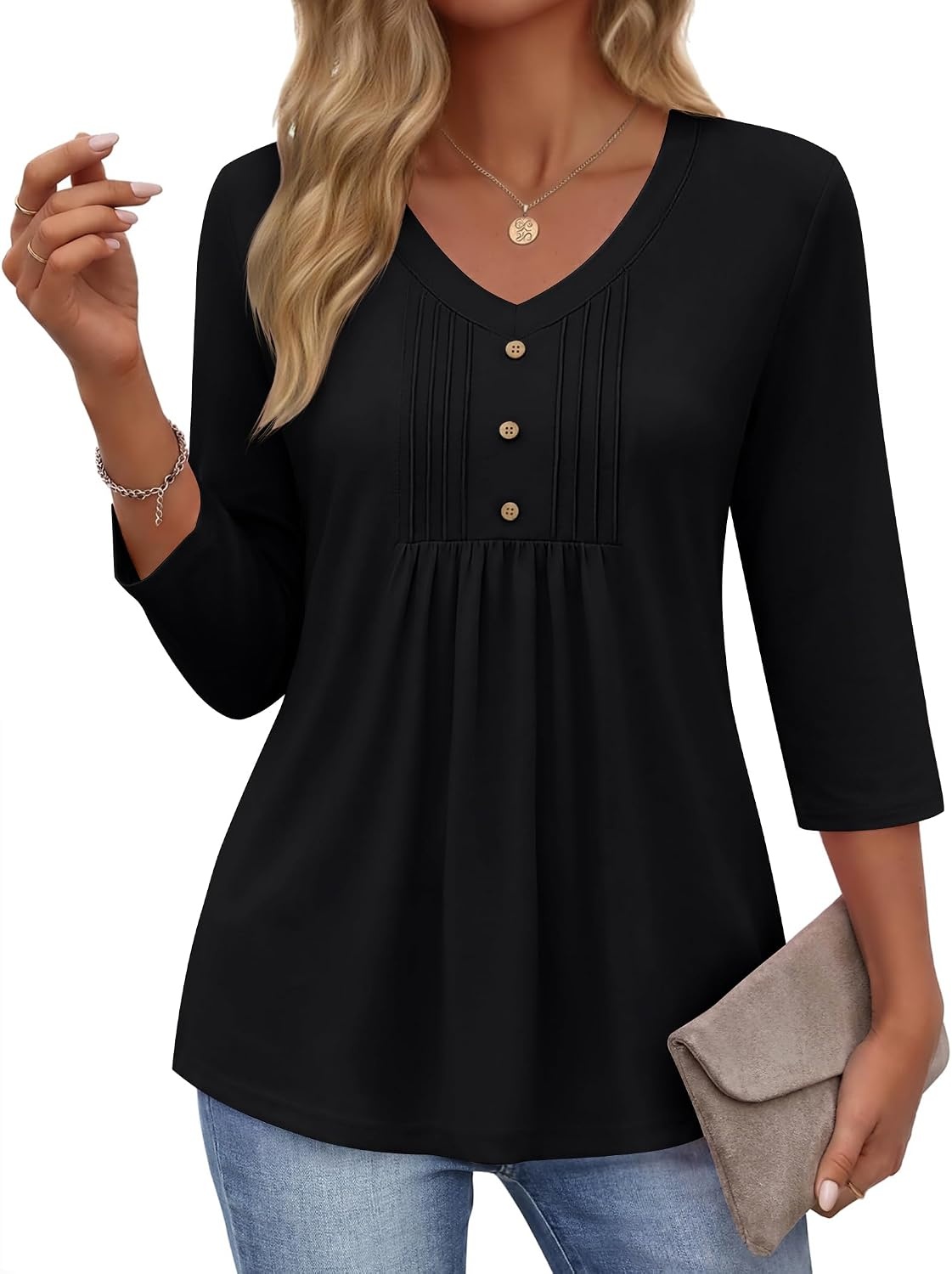 image:imageEkouaer 34 Length Sleeve Womens Tops V Neck Blouses Casual Pleated ShirtsBlack