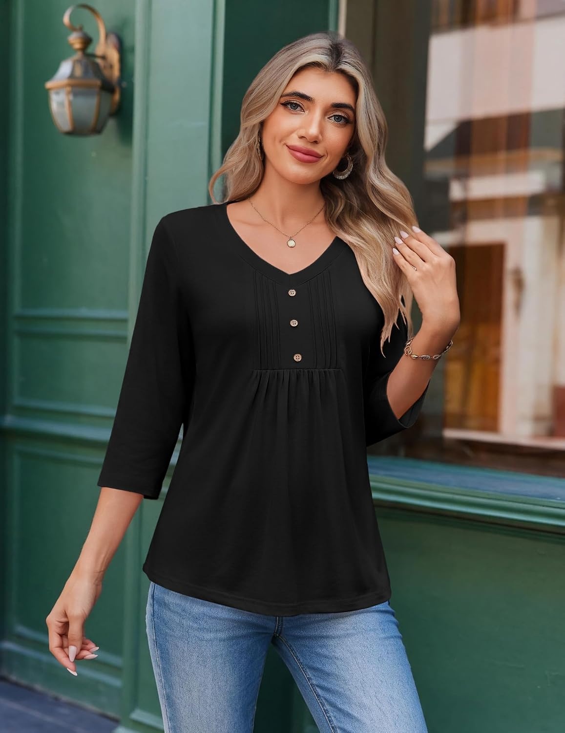 image:imageEkouaer 34 Length Sleeve Womens Tops V Neck Blouses Casual Pleated ShirtsBlack
