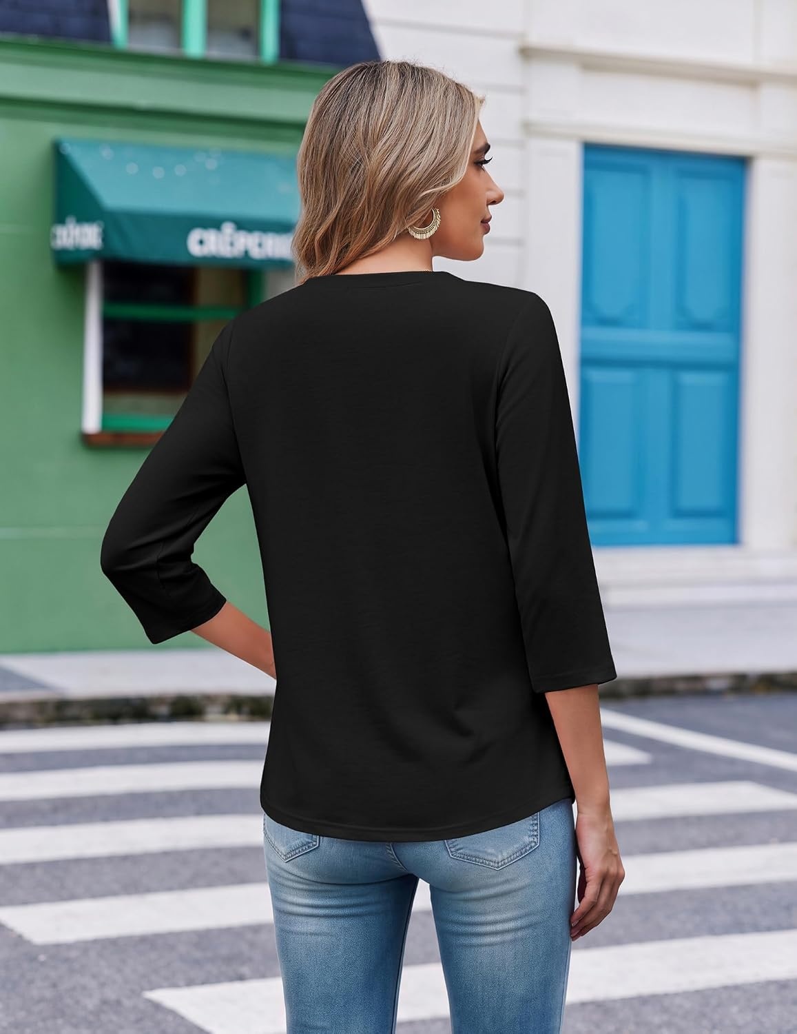 image:imageEkouaer 34 Length Sleeve Womens Tops V Neck Blouses Casual Pleated ShirtsBlack