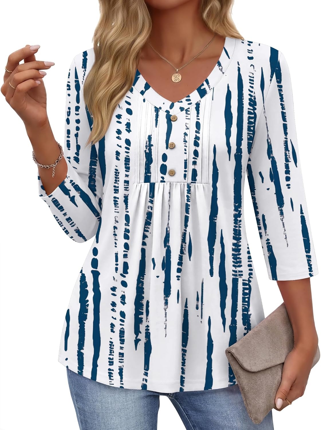 image:imageEkouaer 34 Length Sleeve Womens Tops V Neck Blouses Casual Pleated ShirtsBlue White Striped