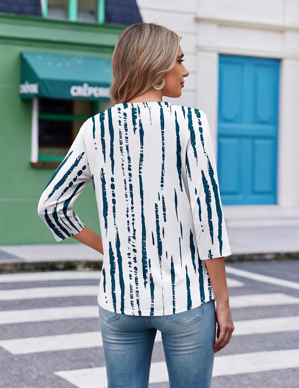 image:imageEkouaer 34 Length Sleeve Womens Tops V Neck Blouses Casual Pleated ShirtsBlue White Striped