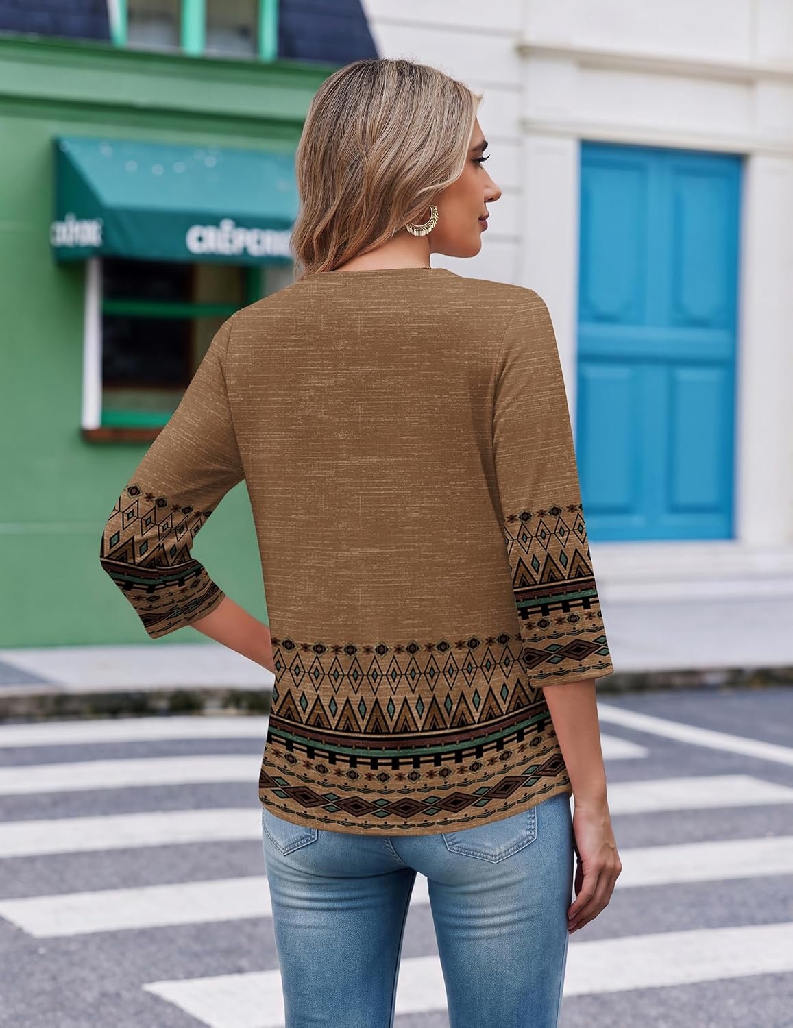image:imageEkouaer 34 Length Sleeve Womens Tops V Neck Blouses Casual Pleated ShirtsBrown Boho