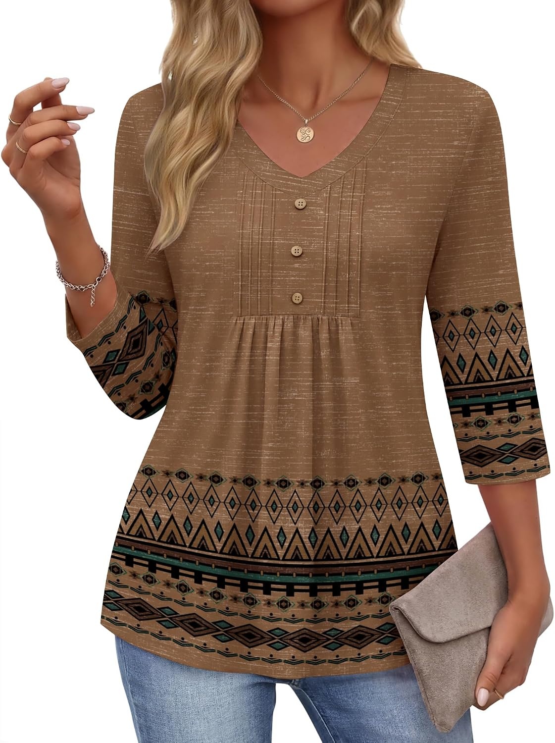 image:imageEkouaer 34 Length Sleeve Womens Tops V Neck Blouses Casual Pleated ShirtsBrown Boho