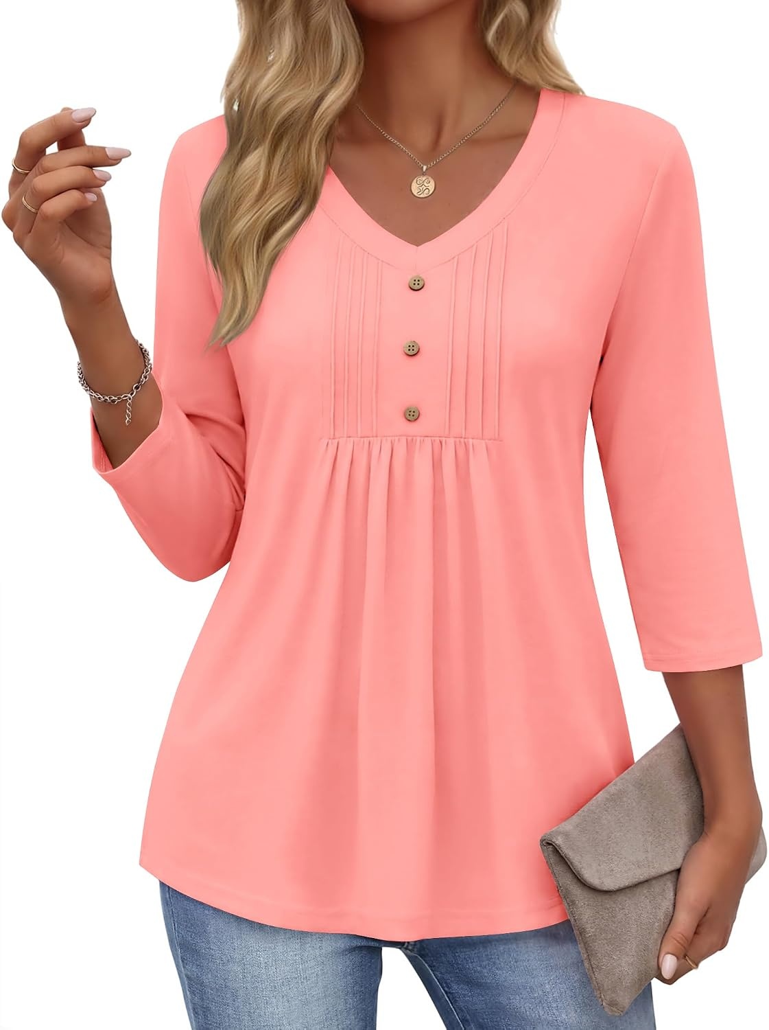 image:imageEkouaer 34 Length Sleeve Womens Tops V Neck Blouses Casual Pleated ShirtsCoral