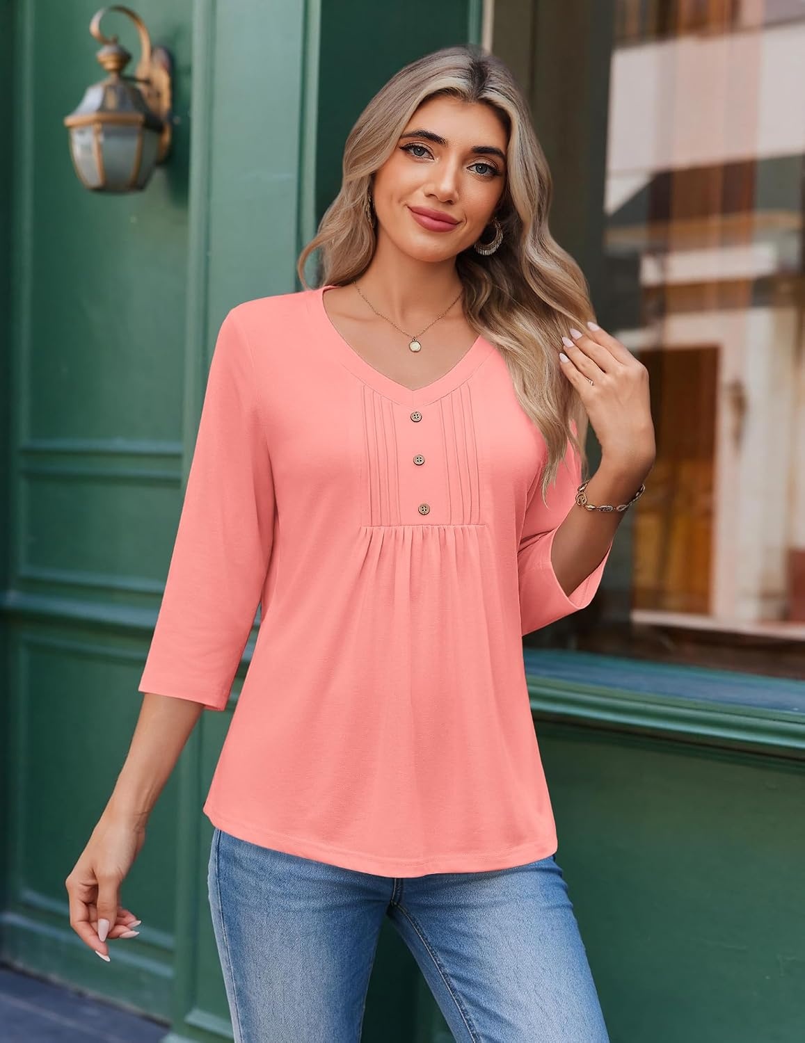 image:imageEkouaer 34 Length Sleeve Womens Tops V Neck Blouses Casual Pleated ShirtsCoral