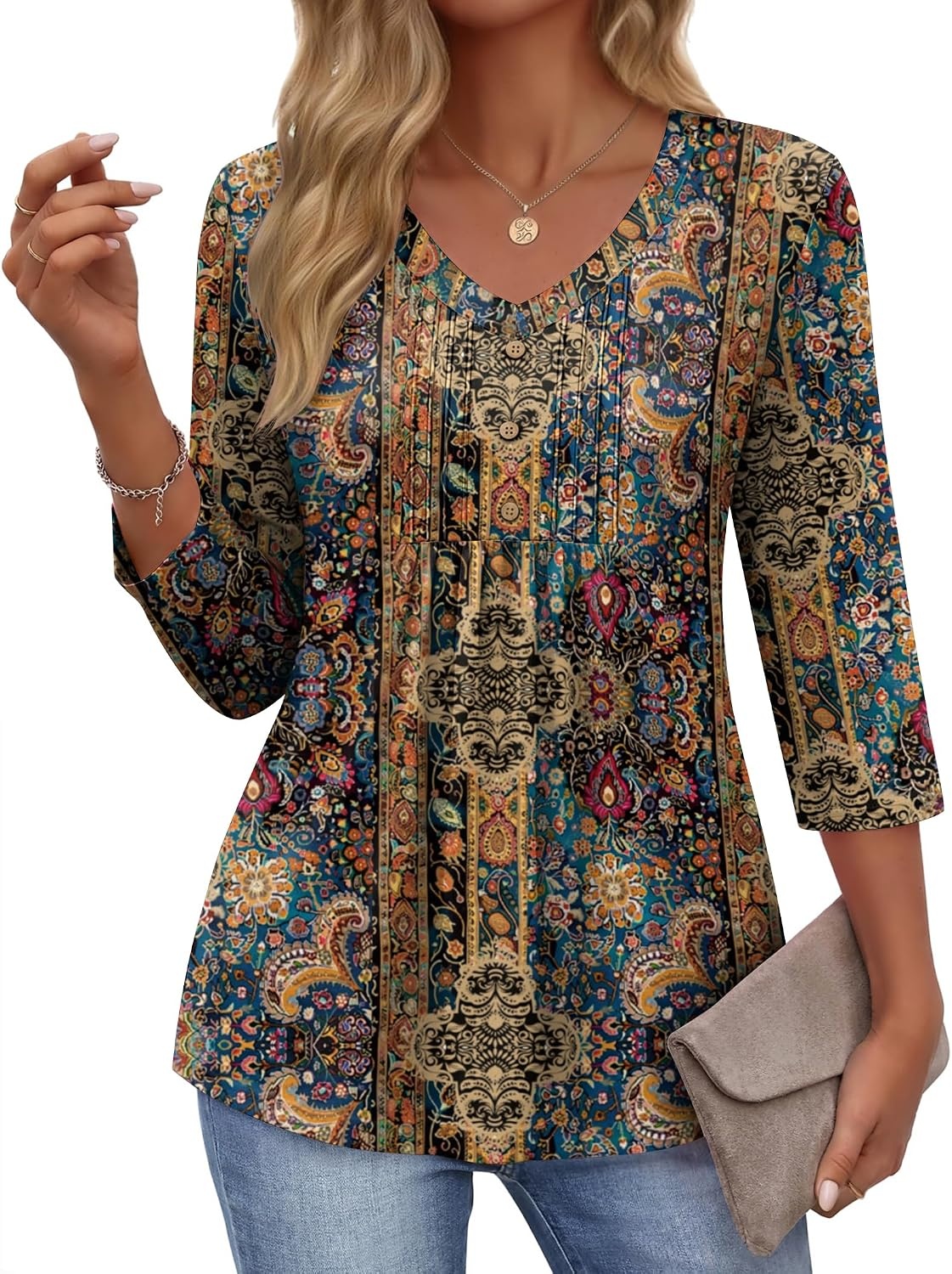 image:imageEkouaer 34 Length Sleeve Womens Tops V Neck Blouses Casual Pleated ShirtsMulticolor Boho