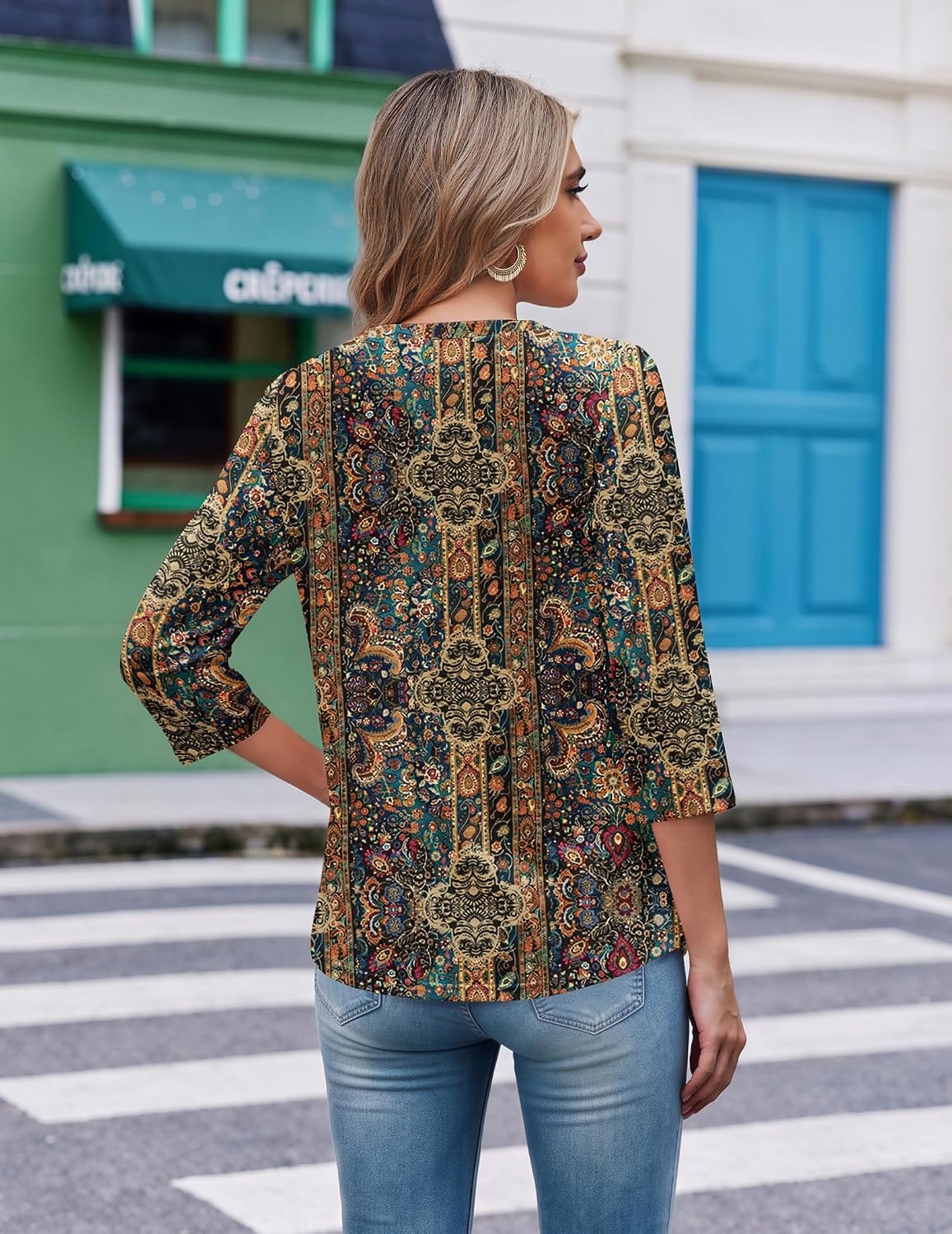 image:imageEkouaer 34 Length Sleeve Womens Tops V Neck Blouses Casual Pleated ShirtsMulticolor Boho