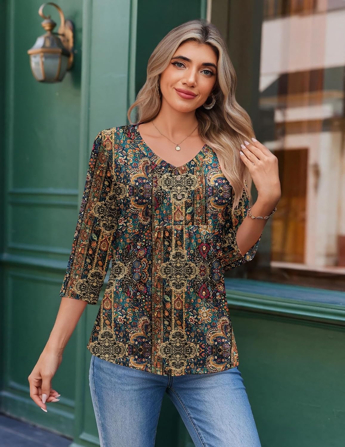 image:imageEkouaer 34 Length Sleeve Womens Tops V Neck Blouses Casual Pleated ShirtsMulticolor Boho