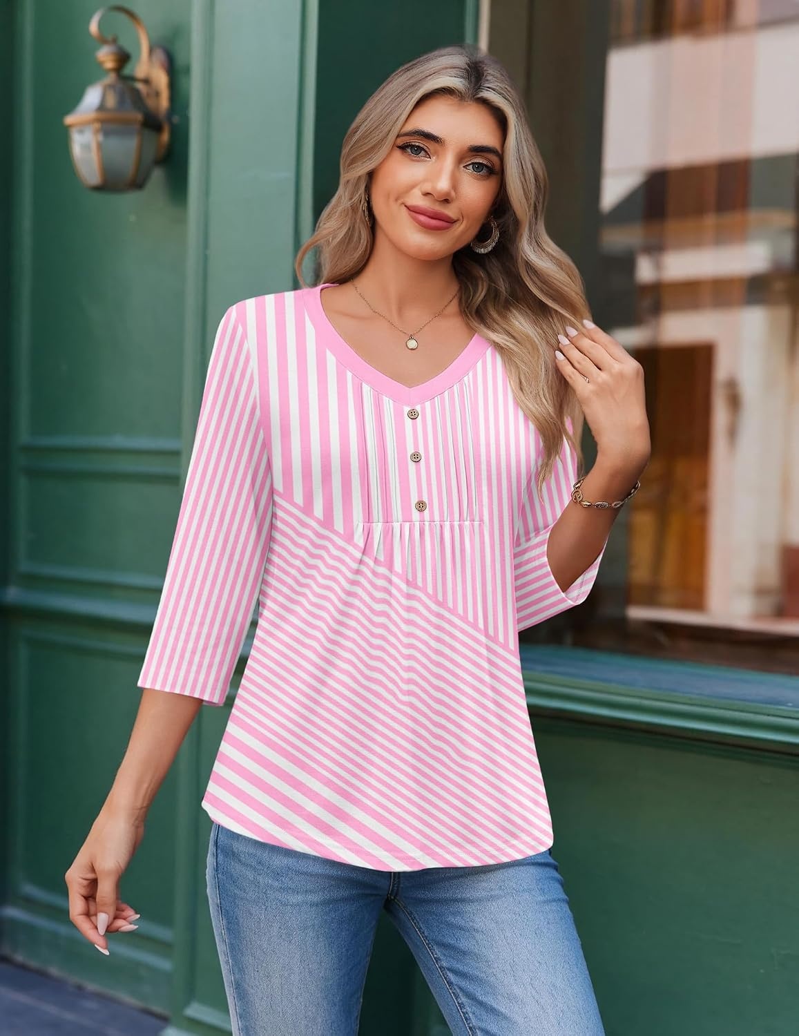 image:imageEkouaer 34 Length Sleeve Womens Tops V Neck Blouses Casual Pleated ShirtsPink Stripes