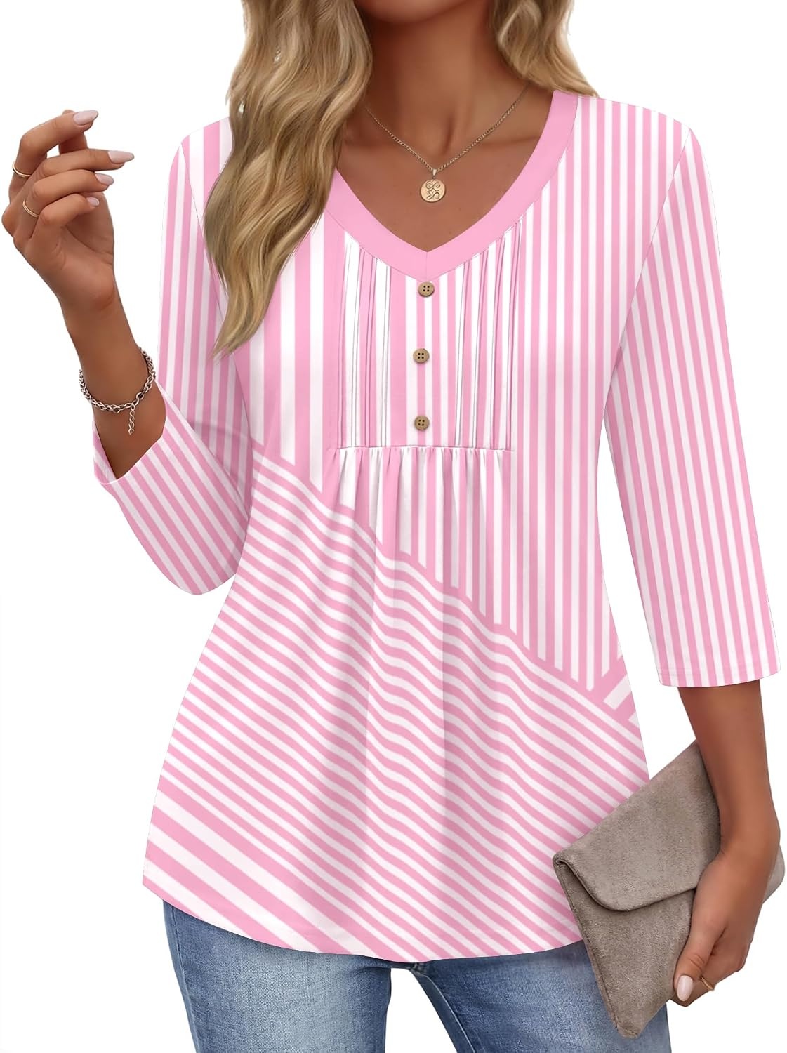 image:imageEkouaer 34 Length Sleeve Womens Tops V Neck Blouses Casual Pleated ShirtsPink Stripes