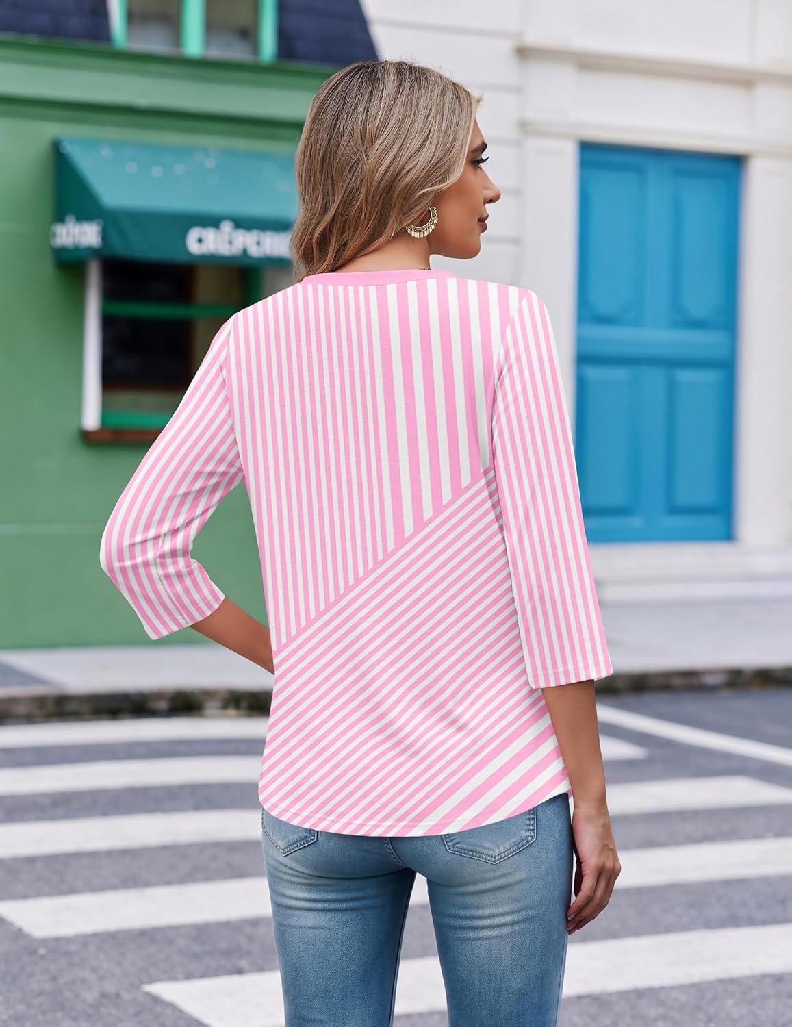 image:imageEkouaer 34 Length Sleeve Womens Tops V Neck Blouses Casual Pleated ShirtsPink Stripes