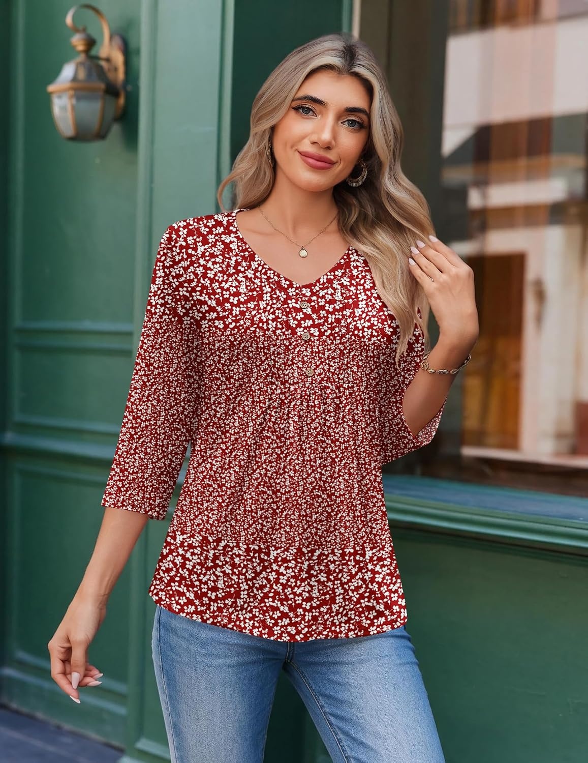 image:imageEkouaer 34 Length Sleeve Womens Tops V Neck Blouses Casual Pleated ShirtsRed Floral