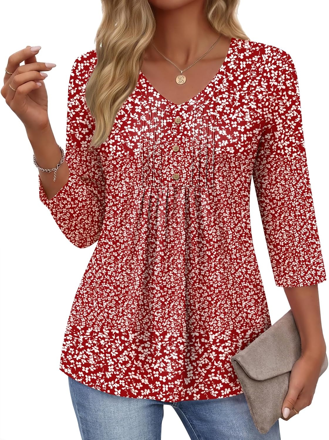 image:imageEkouaer 34 Length Sleeve Womens Tops V Neck Blouses Casual Pleated ShirtsRed Floral