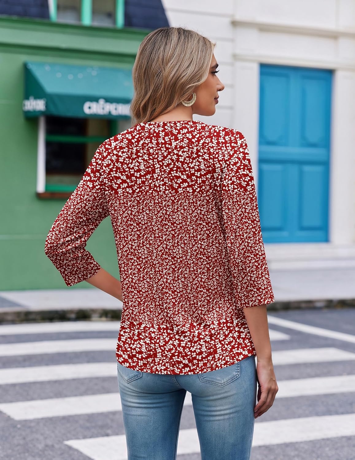image:imageEkouaer 34 Length Sleeve Womens Tops V Neck Blouses Casual Pleated ShirtsRed Floral