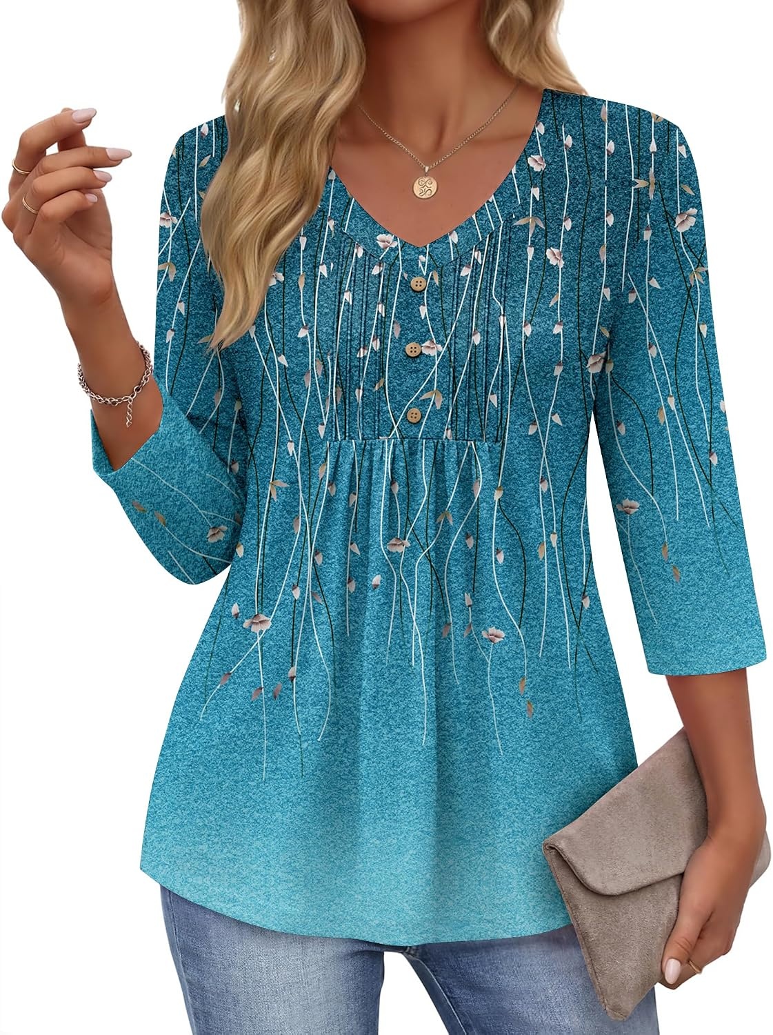 image:imageEkouaer 34 Length Sleeve Womens Tops V Neck Blouses Casual Pleated ShirtsWillow Flower