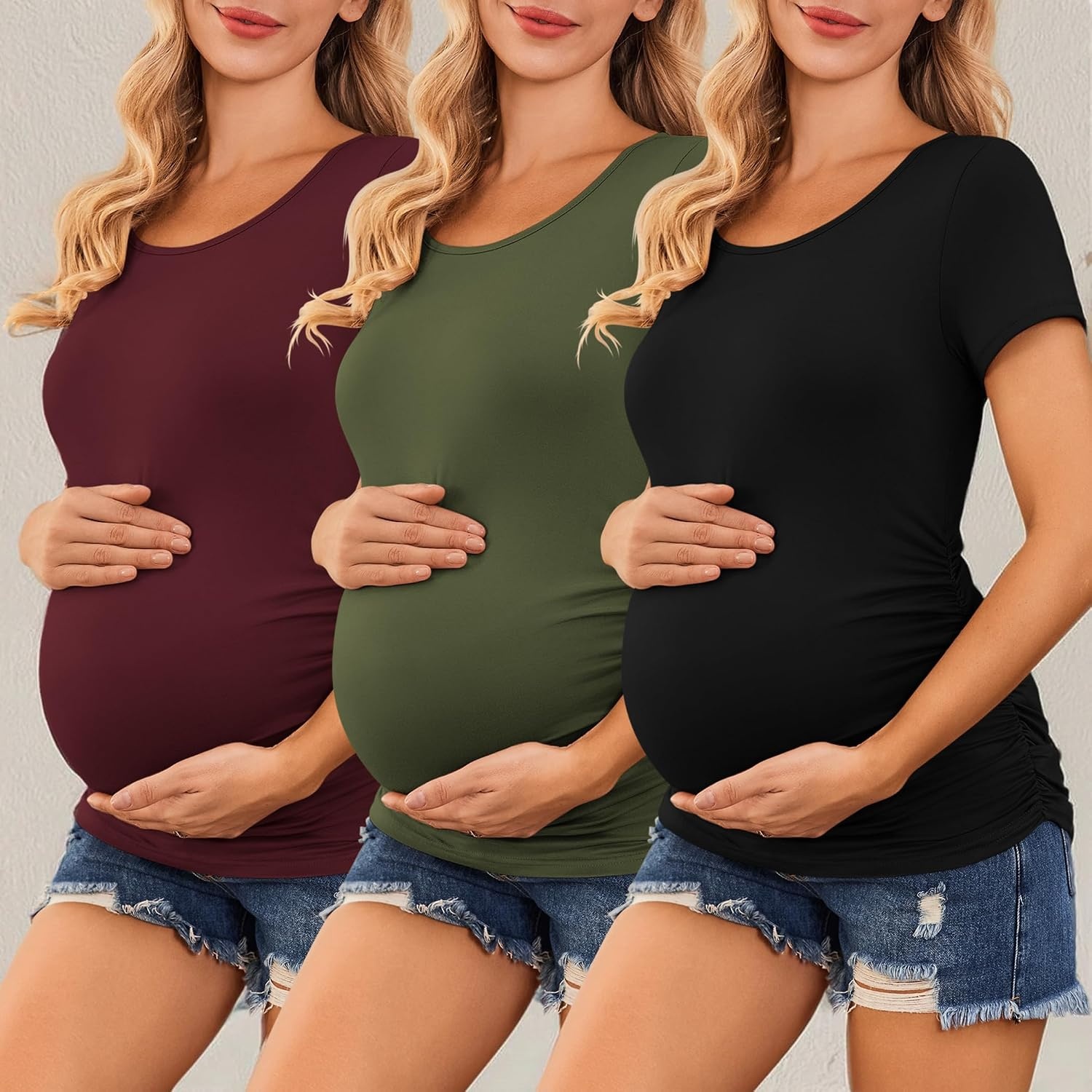 image:imageEkouaer 34 Pack Womens Maternity Shirts Short Sleeve Pregnancy Tops3pcs Black Wine Red Army Green