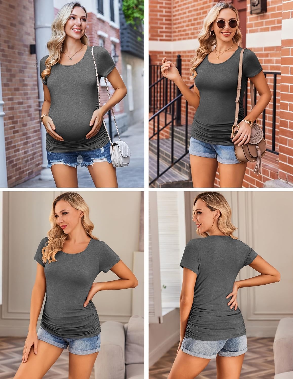 image:imageEkouaer 34 Pack Womens Maternity Shirts Short Sleeve Pregnancy Tops3pcs Floral Black Army Green Dark Grey