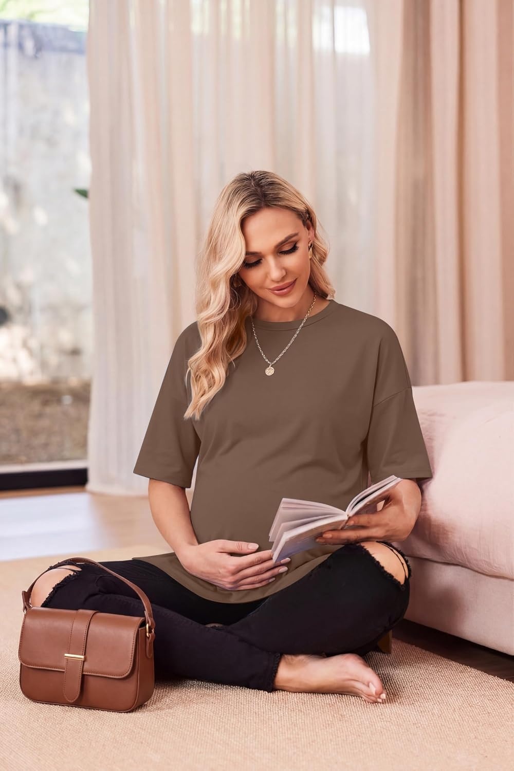 image:imageEkouaer 4 Packs Maternity Shirts Split Side Pregnancy Workout Tops4pcs Black Brown Grey White