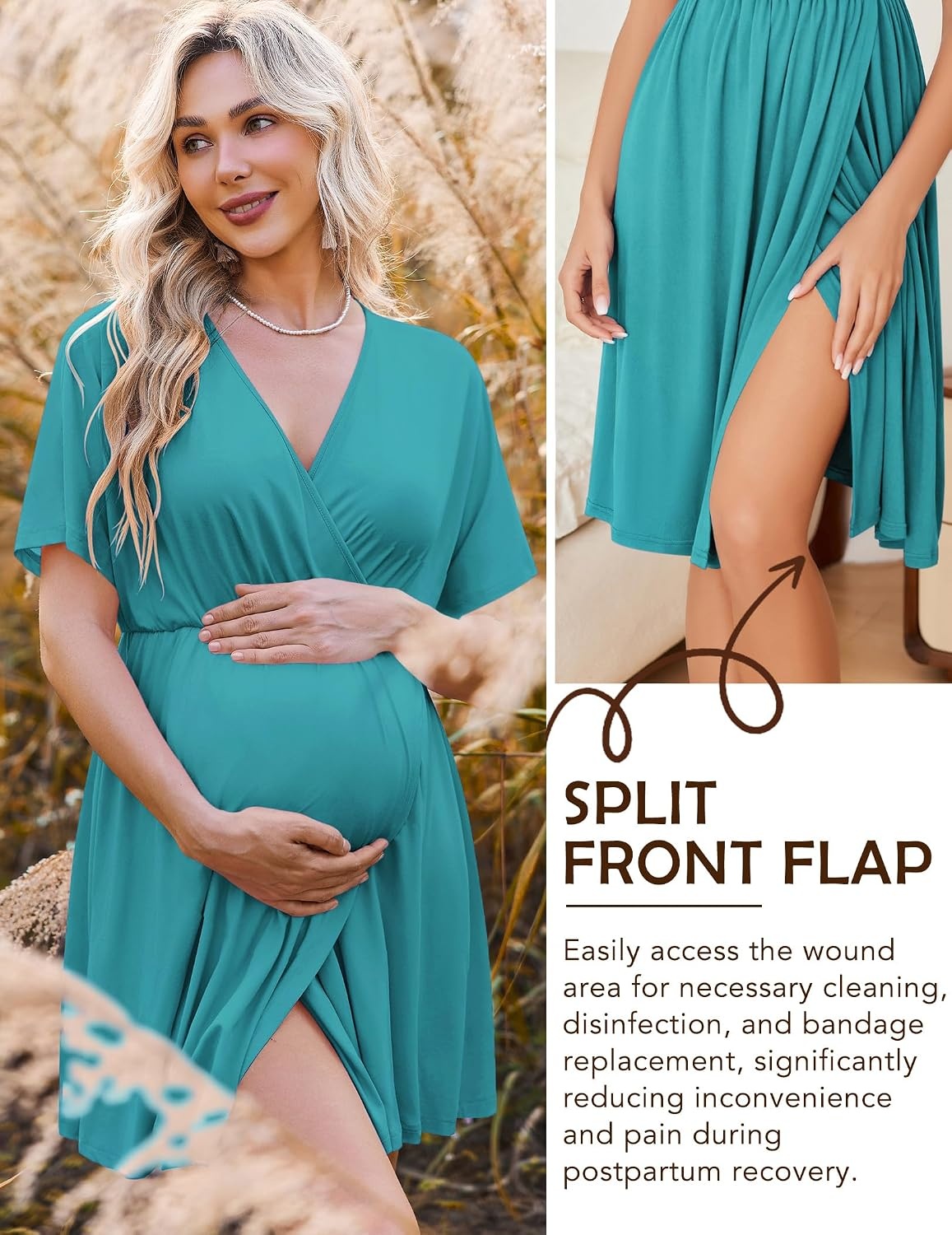 image:imageEkouaer Labor and Delivery Gown Nursing Nightgown Birthing Pajamas DressBlue Green