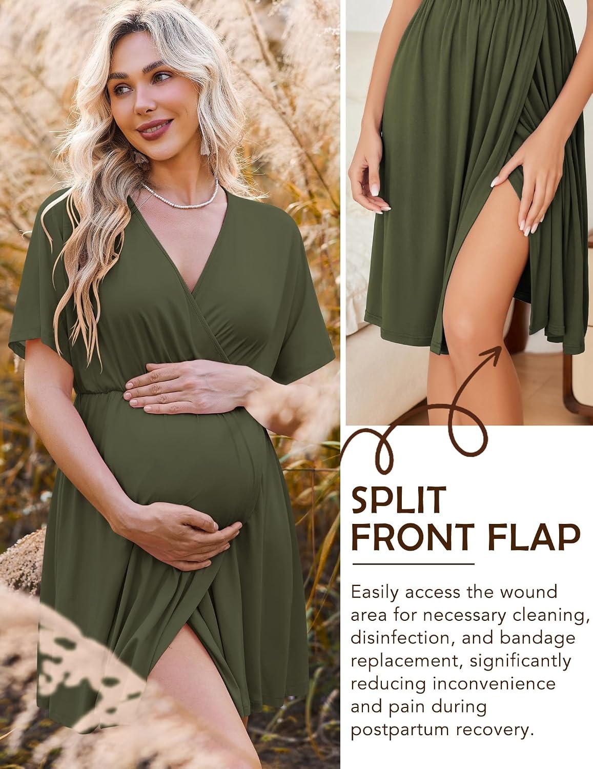 image:imageEkouaer Labor and Delivery Gown Nursing Nightgown Birthing Pajamas DressOlive Green