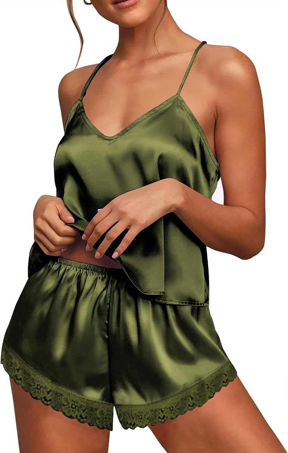 image:imageEkouaer Lingerie for Women Sexy Satin Silk Pajama Sets Lace Cami Short PjArmy Green