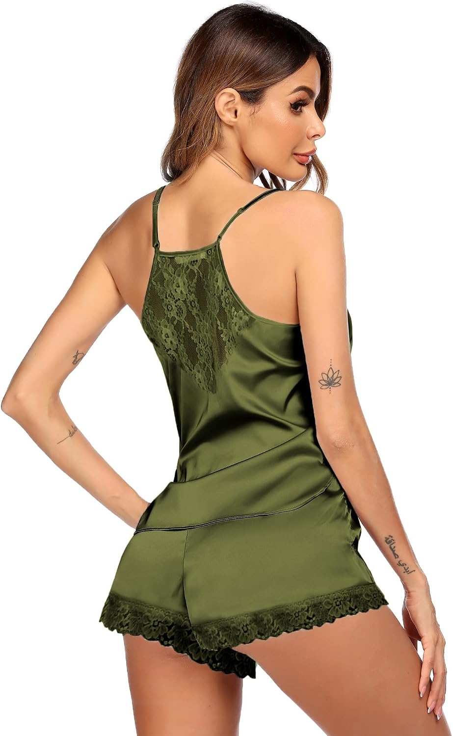 image:imageEkouaer Lingerie for Women Sexy Satin Silk Pajama Sets Lace Cami Short PjArmy Green