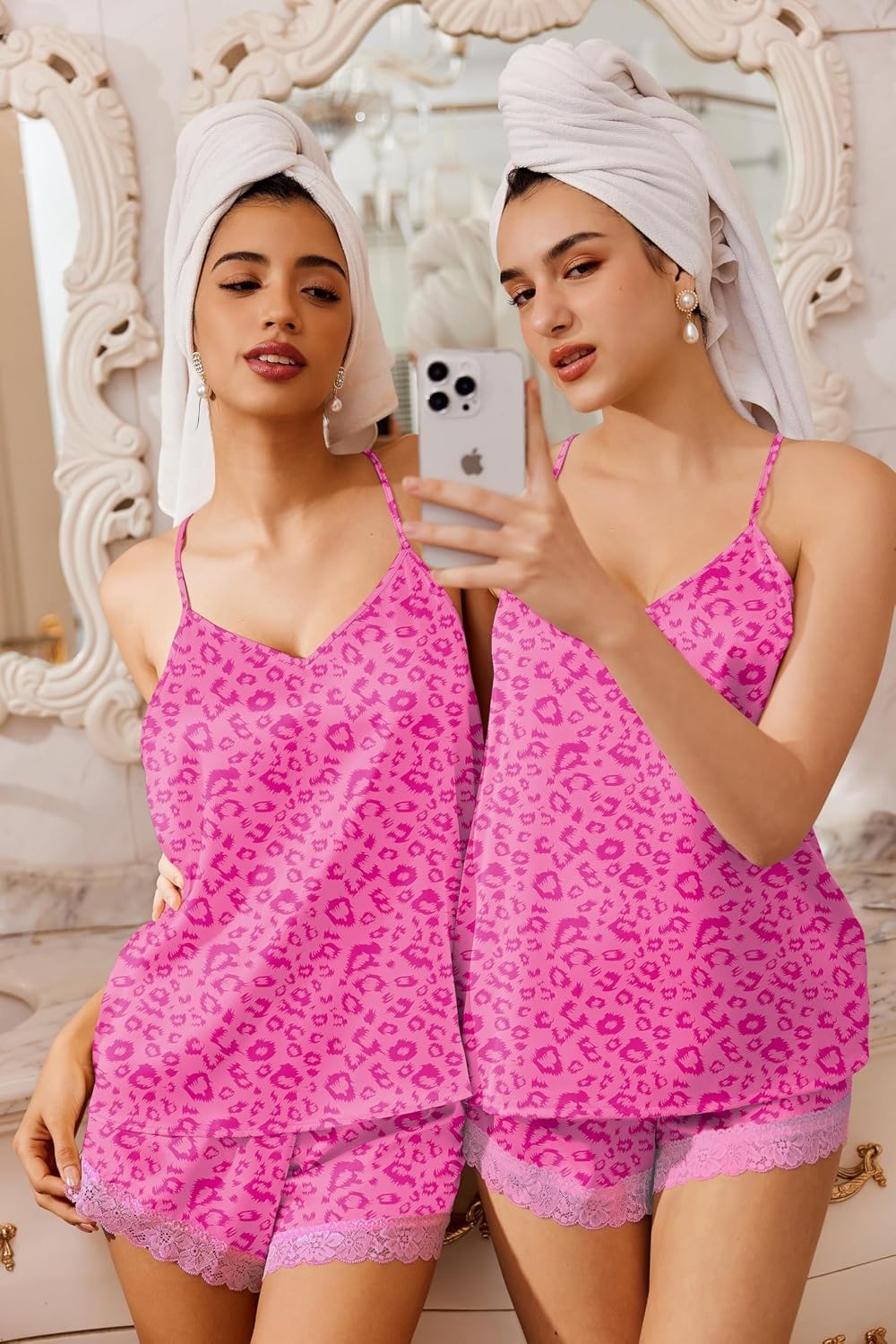 image:imageEkouaer Lingerie for Women Sexy Satin Silk Pajama Sets Lace Cami Short PjHot Pink Leopard
