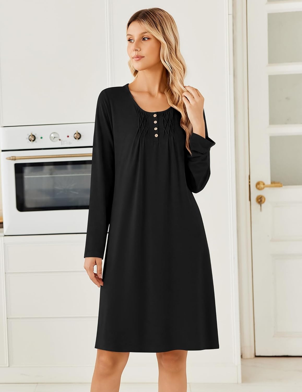 image:imageEkouaer Long Sleeve Nightgowns for Women Soft Knit House Dress SleepshirtsBlack