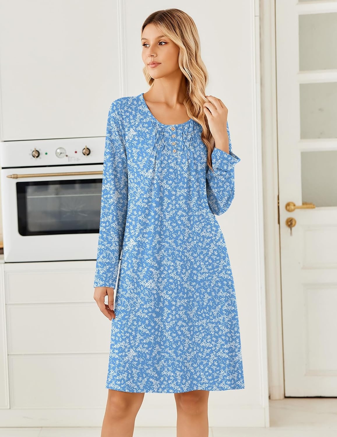 image:imageEkouaer Long Sleeve Nightgowns for Women Soft Knit House Dress SleepshirtsBlue Flower