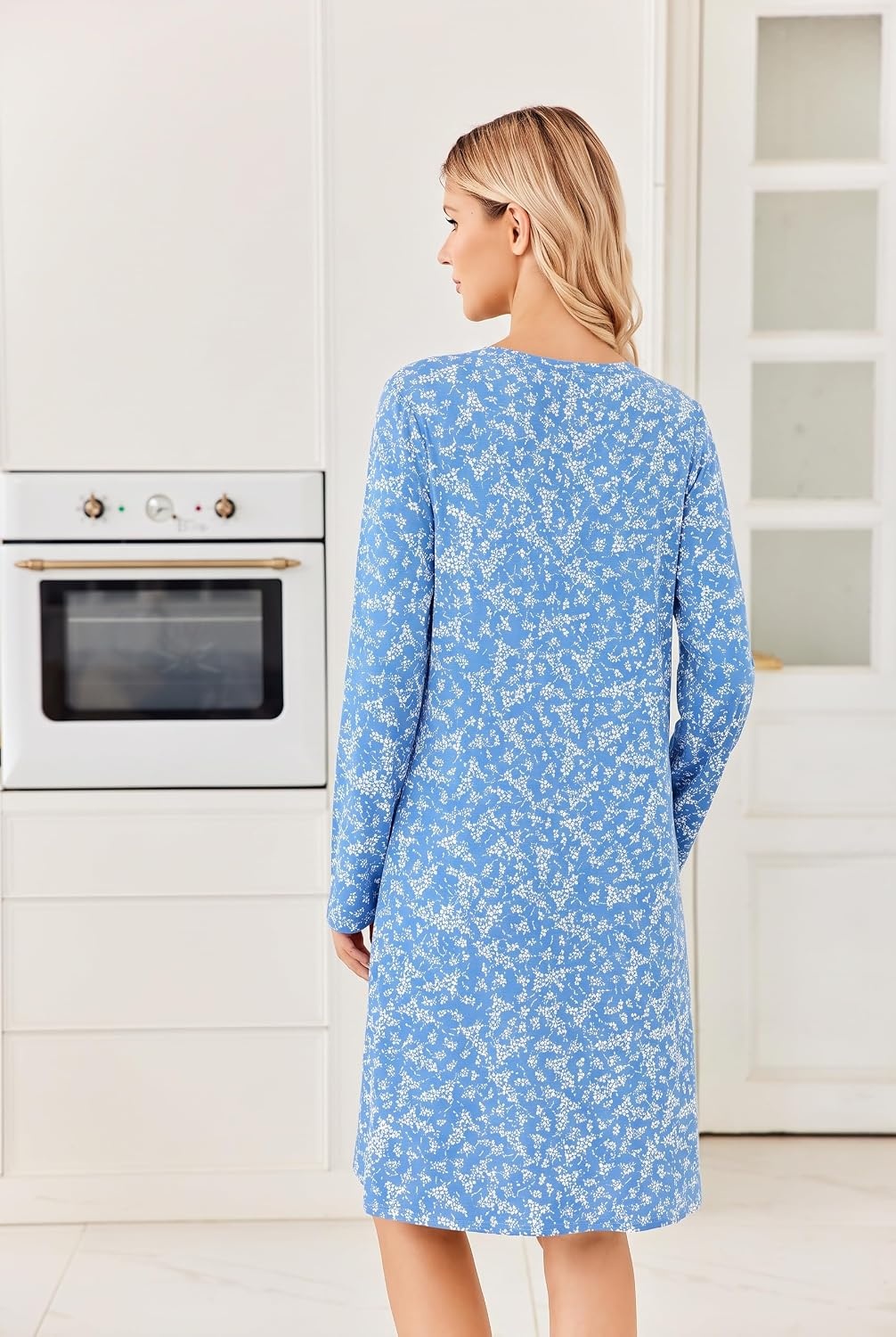 image:imageEkouaer Long Sleeve Nightgowns for Women Soft Knit House Dress SleepshirtsBlue Flower