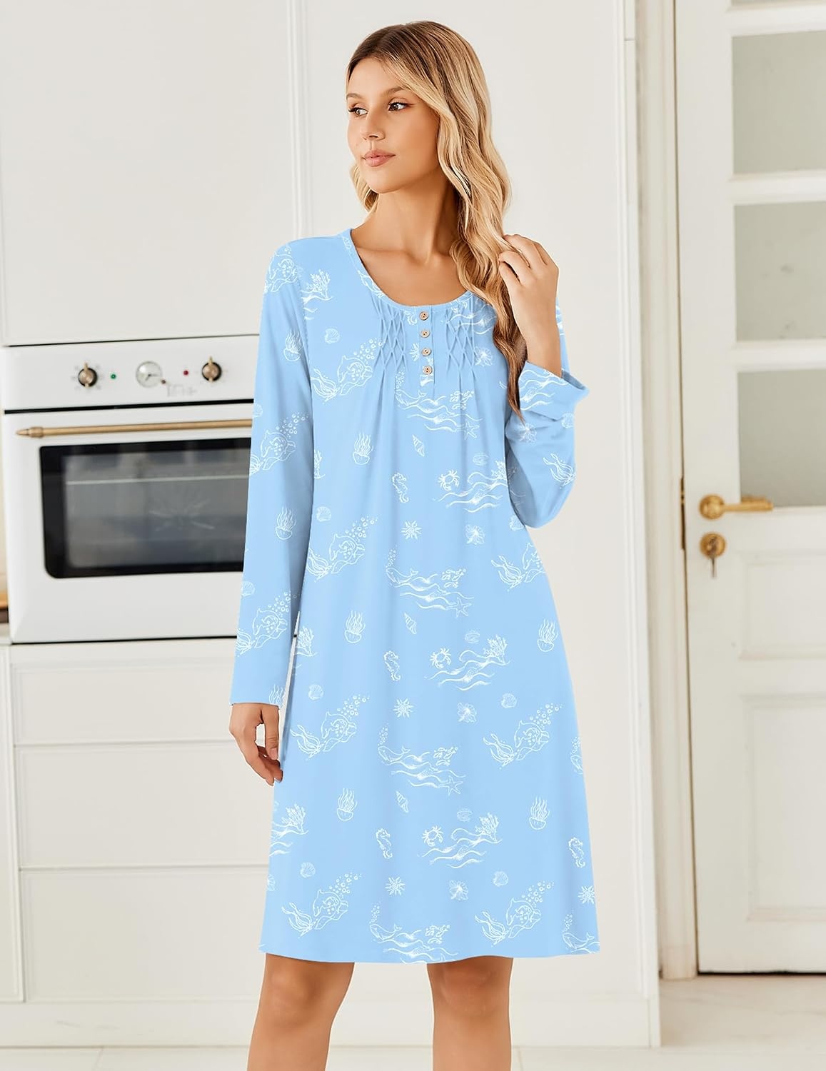 image:imageEkouaer Long Sleeve Nightgowns for Women Soft Knit House Dress SleepshirtsBlue Ocean