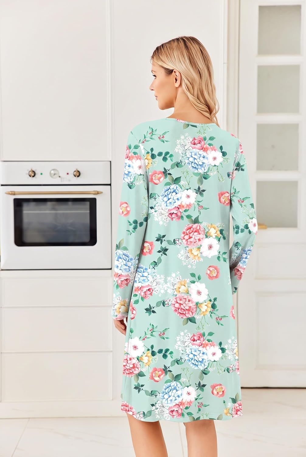image:imageEkouaer Long Sleeve Nightgowns for Women Soft Knit House Dress SleepshirtsGreen Floral