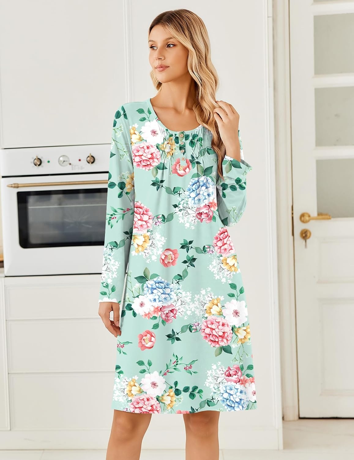 image:imageEkouaer Long Sleeve Nightgowns for Women Soft Knit House Dress SleepshirtsGreen Floral