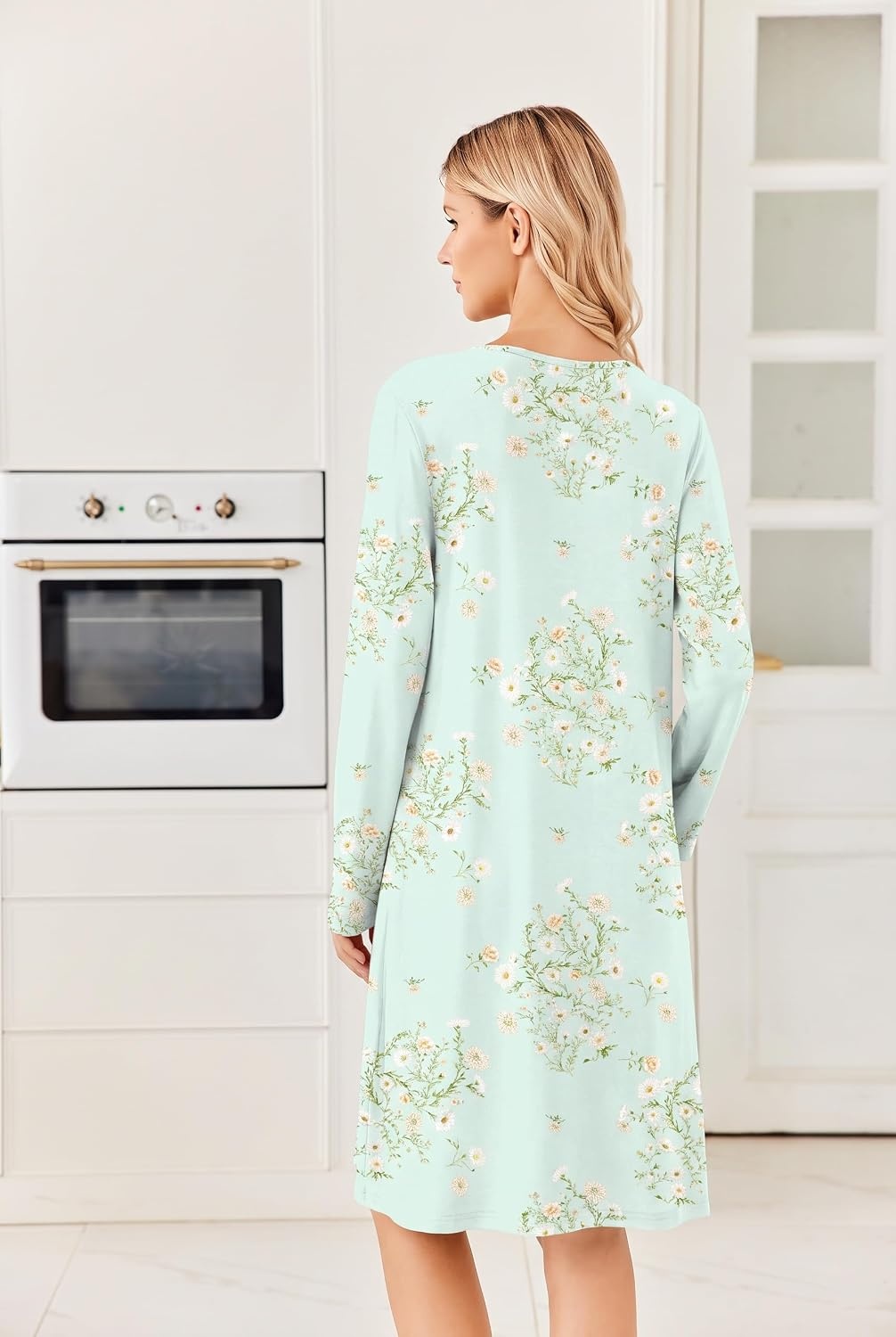 image:imageEkouaer Long Sleeve Nightgowns for Women Soft Knit House Dress SleepshirtsGreen Flower