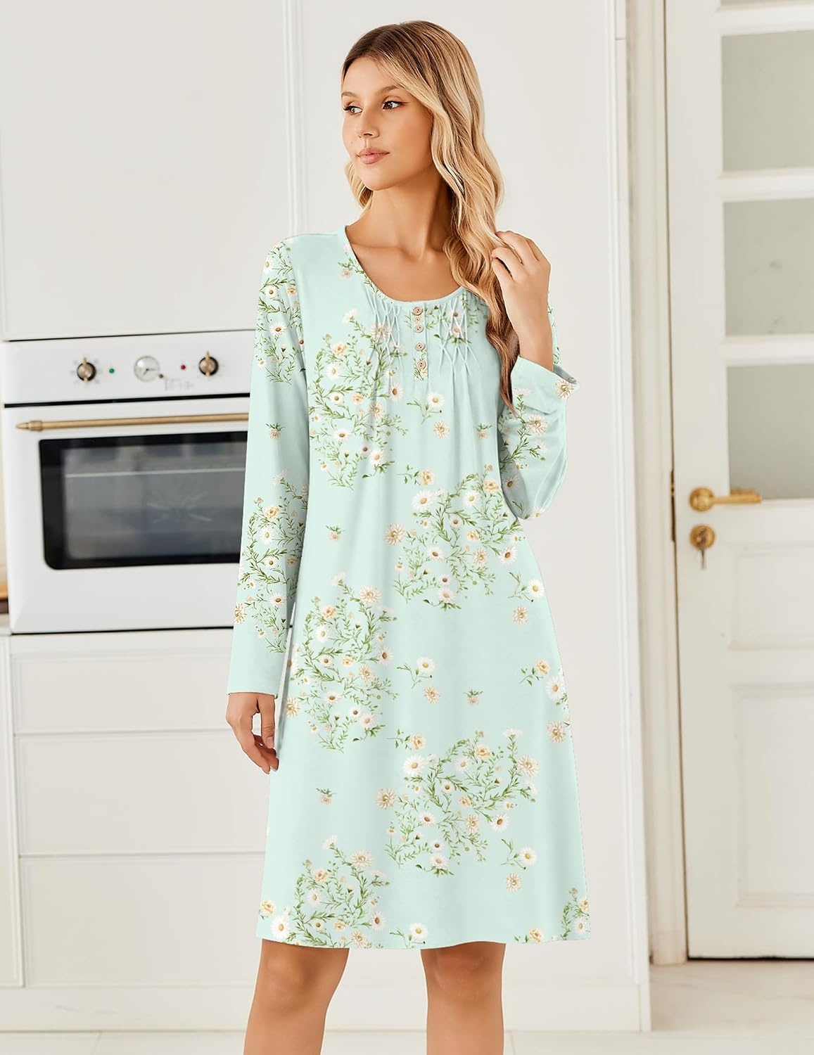 image:imageEkouaer Long Sleeve Nightgowns for Women Soft Knit House Dress SleepshirtsGreen Flower