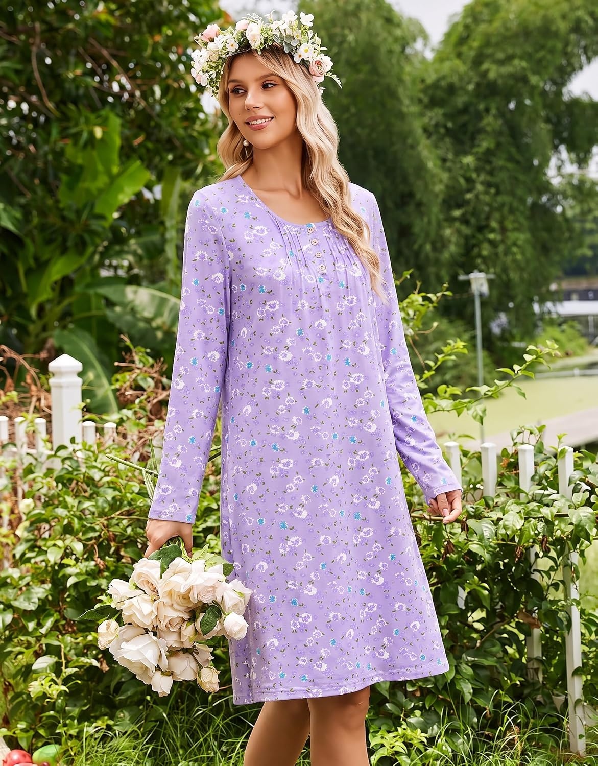 image:imageEkouaer Long Sleeve Nightgowns for Women Soft Knit House Dress SleepshirtsPurple Flower