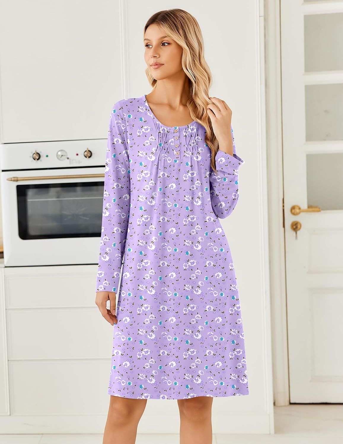 image:imageEkouaer Long Sleeve Nightgowns for Women Soft Knit House Dress SleepshirtsPurple Flower