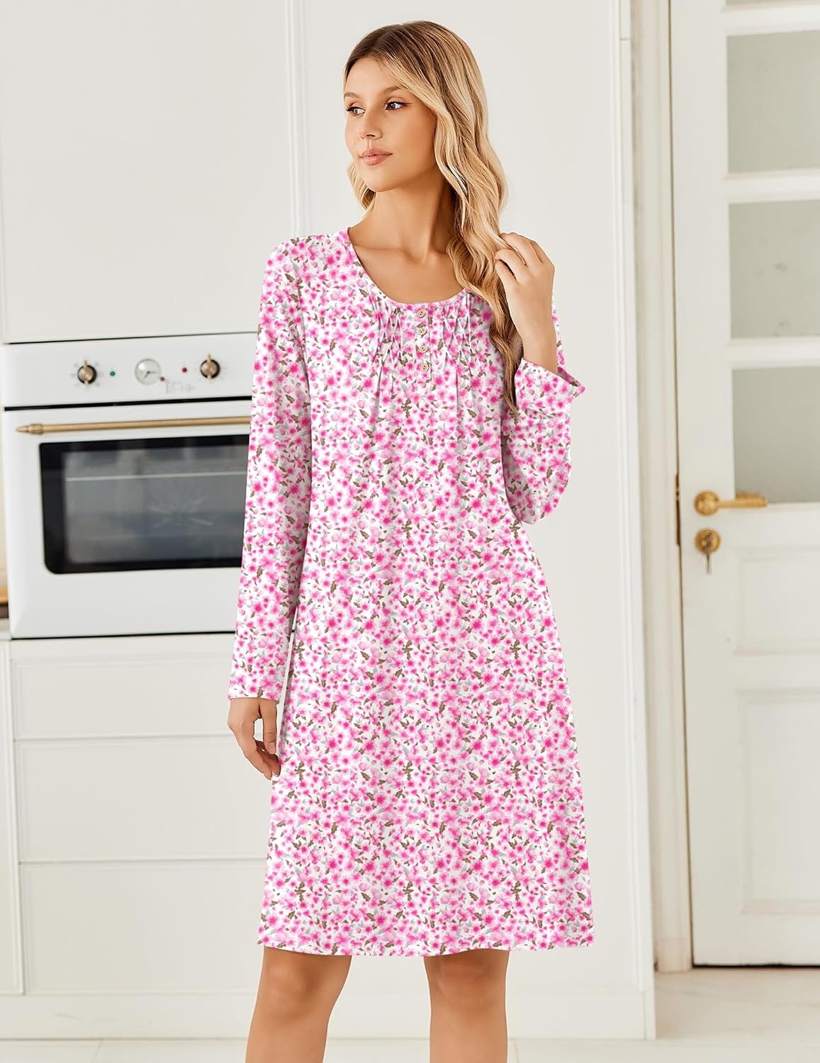 image:imageEkouaer Long Sleeve Nightgowns for Women Soft Knit House Dress SleepshirtsRed Flower