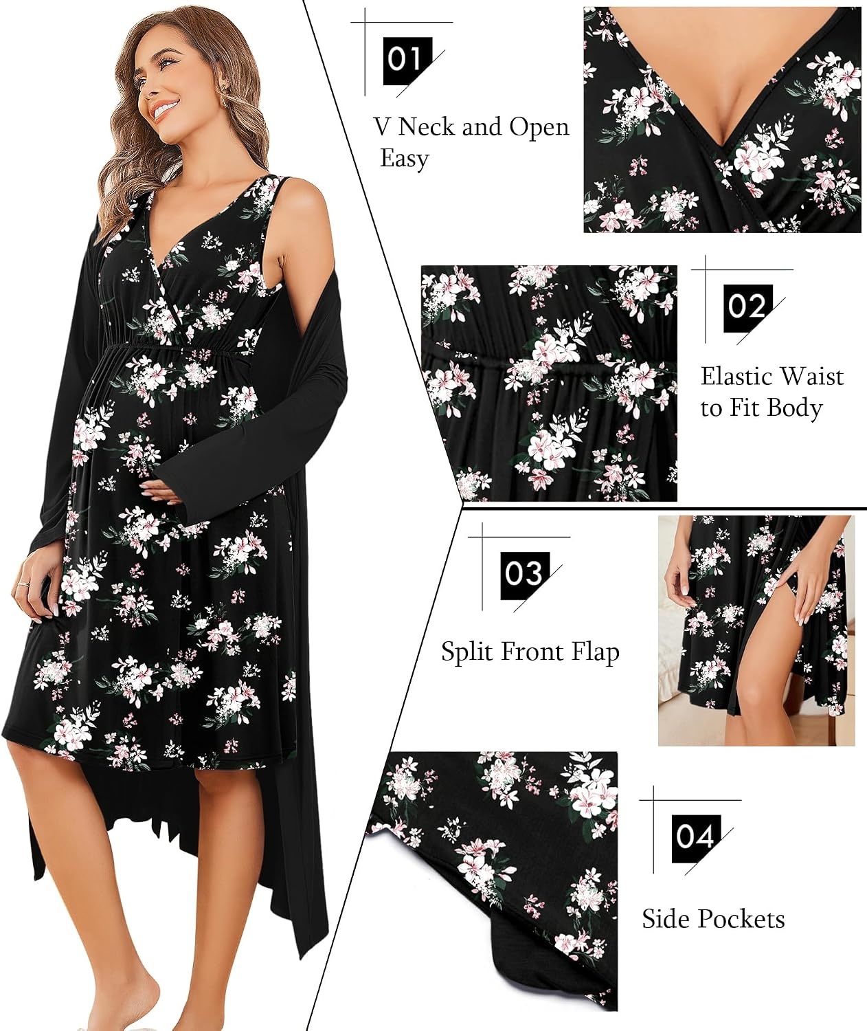 image:imageEkouaer Maternity Nursing Gown and Robe Set Labor Delivery NightgownsBlack Pink Flower