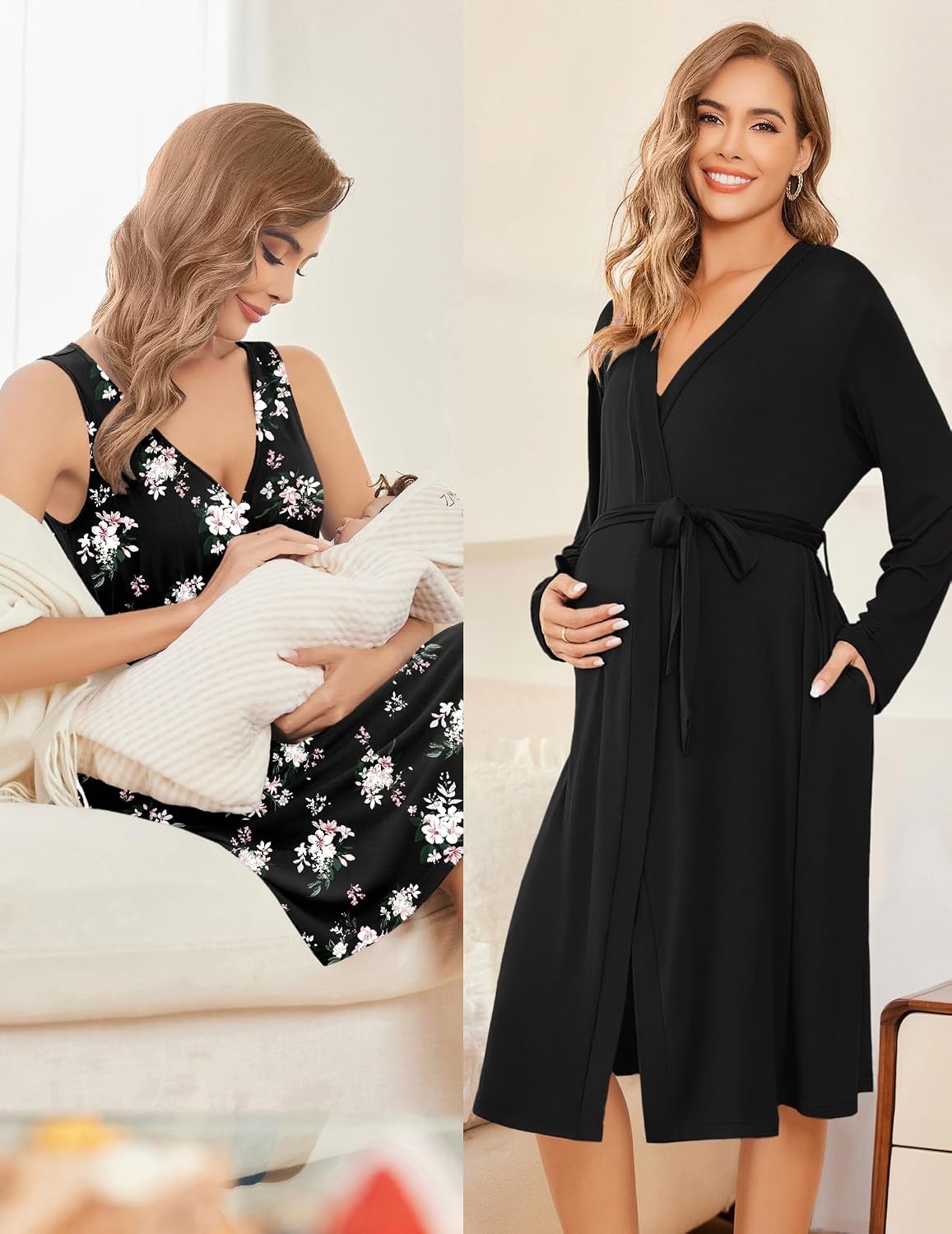 image:imageEkouaer Maternity Nursing Gown and Robe Set Labor Delivery NightgownsBlack Pink Flower