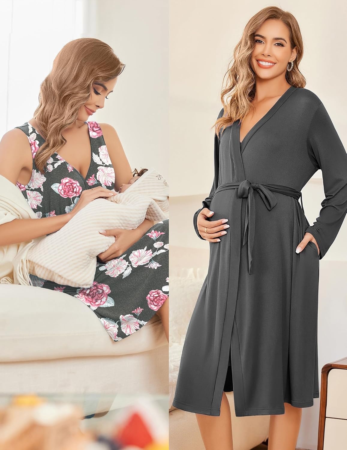 image:imageEkouaer Maternity Nursing Gown and Robe Set Labor Delivery NightgownsDark Greypink Flower