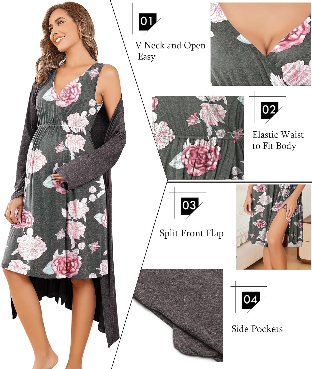 image:imageEkouaer Maternity Nursing Gown and Robe Set Labor Delivery NightgownsDark Greypink Flower