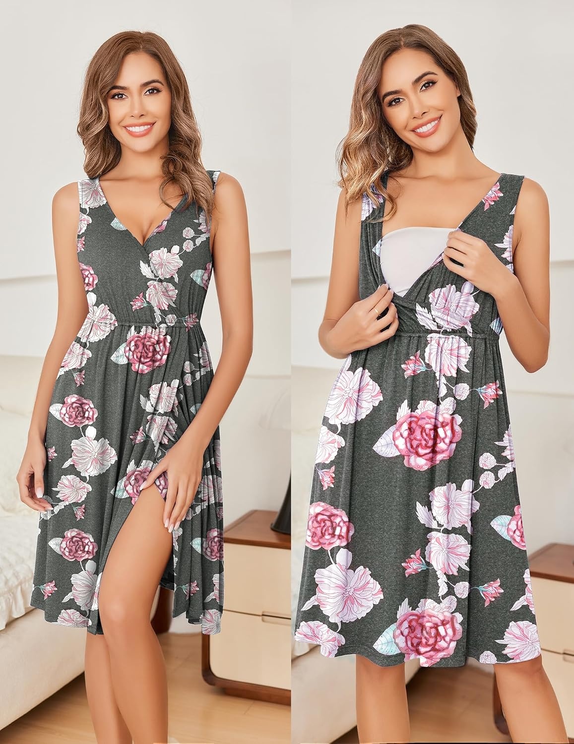 image:imageEkouaer Maternity Nursing Gown and Robe Set Labor Delivery NightgownsDark Greypink Flower