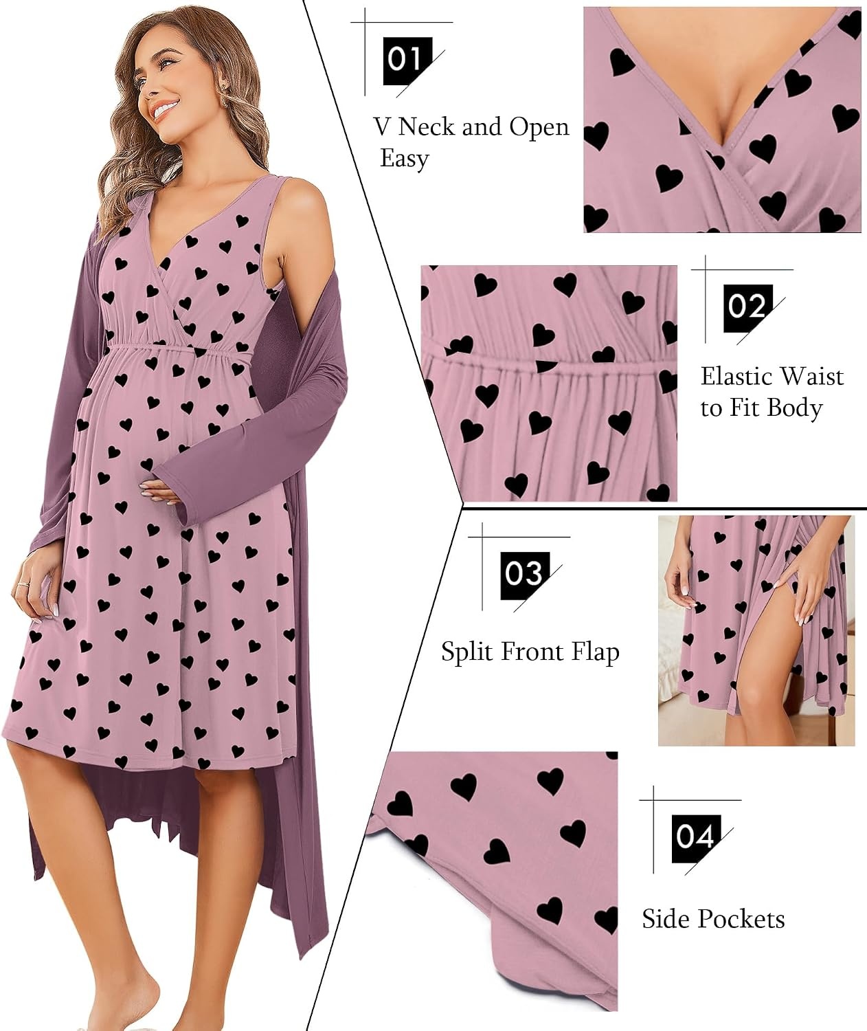 image:imageEkouaer Maternity Nursing Gown and Robe Set Labor Delivery NightgownsGrey Purple Red Heart
