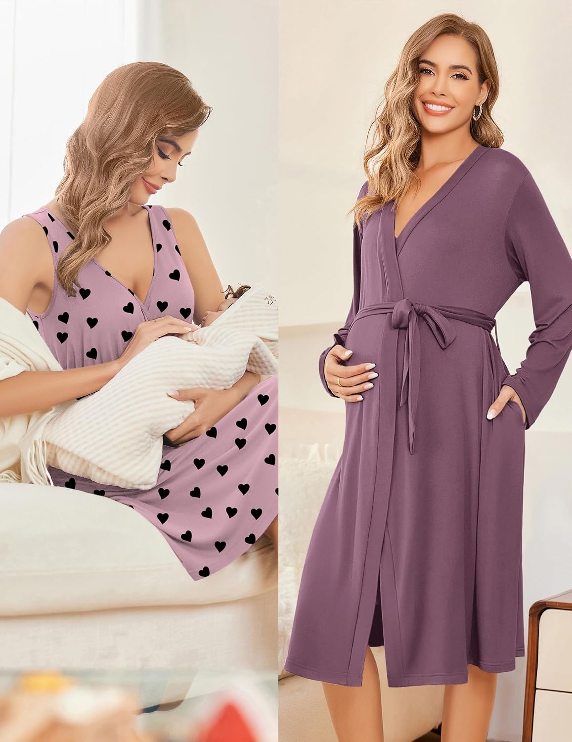 image:imageEkouaer Maternity Nursing Gown and Robe Set Labor Delivery NightgownsGrey Purple Red Heart