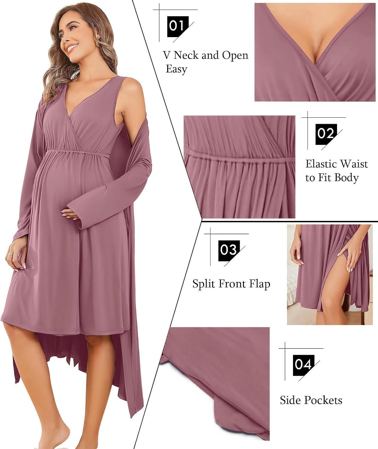 image:imageEkouaer Maternity Nursing Gown and Robe Set Labor Delivery NightgownsGrey Red
