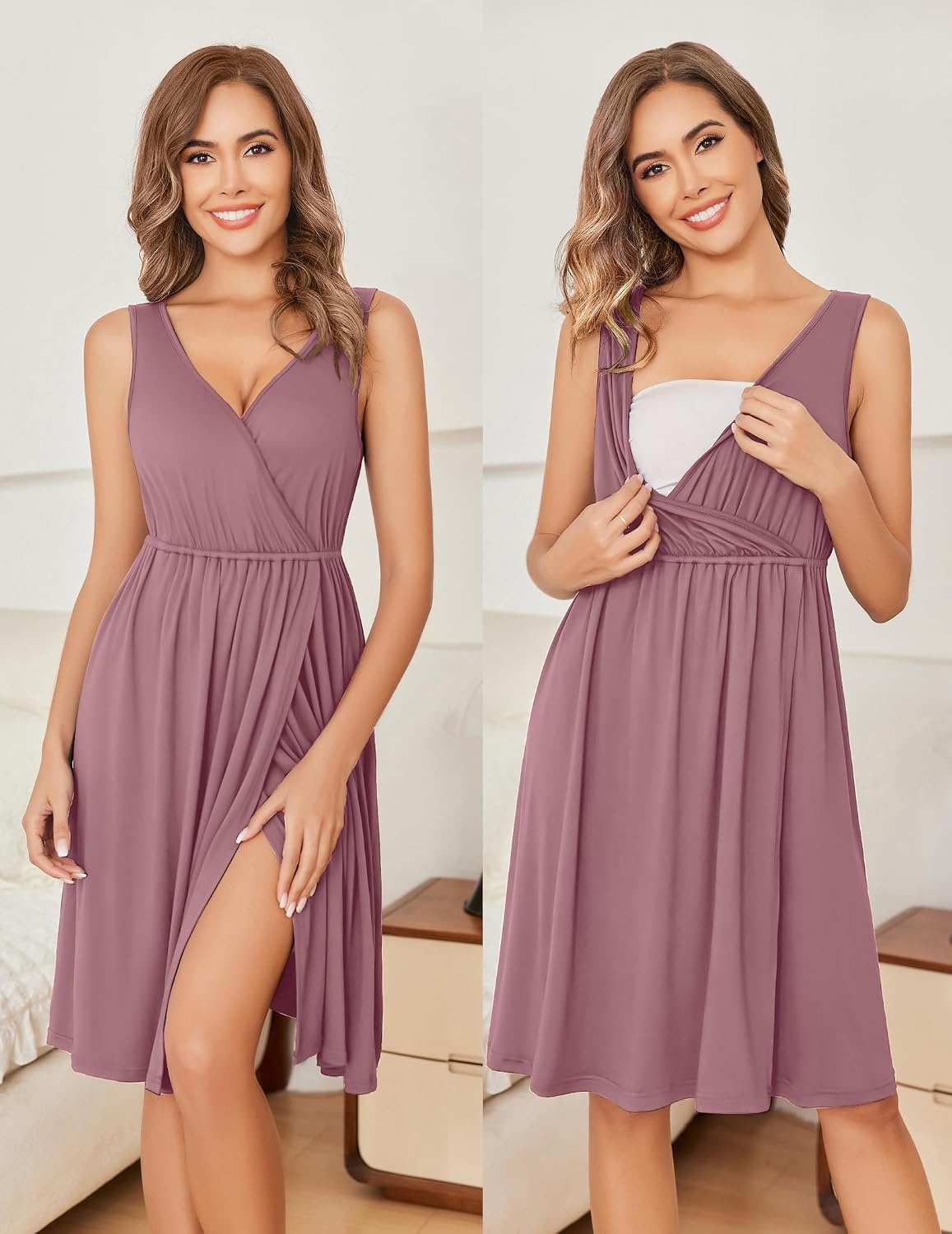 image:imageEkouaer Maternity Nursing Gown and Robe Set Labor Delivery NightgownsGrey Red