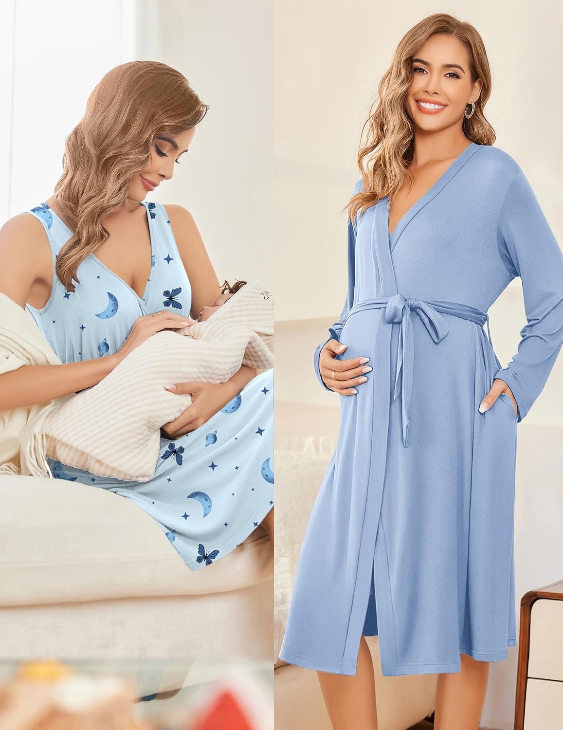 image:imageEkouaer Maternity Nursing Gown and Robe Set Labor Delivery NightgownsLight Blue Moon Planet Butterfly
