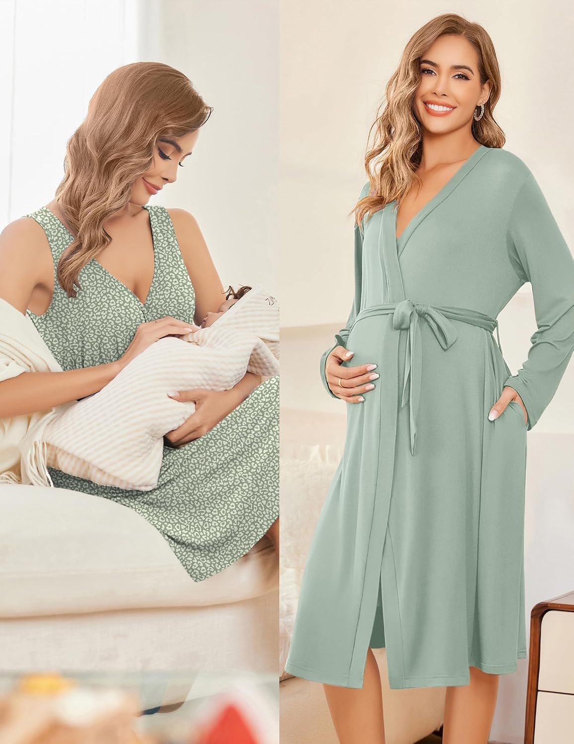 image:imageEkouaer Maternity Nursing Gown and Robe Set Labor Delivery NightgownsLight Green Leopard