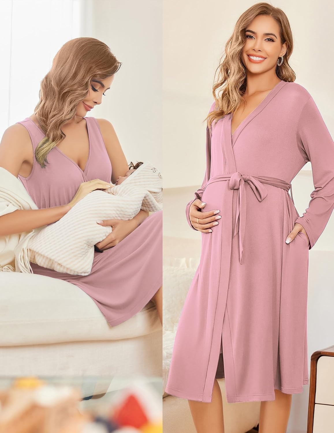 image:imageEkouaer Maternity Nursing Gown and Robe Set Labor Delivery NightgownsMauve